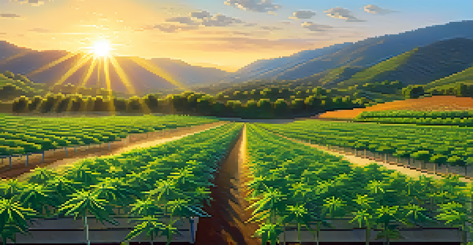 A serene cannabis cultivation farm at sunrise, with rows of green plants and a backdrop of hills and a blue sky.
