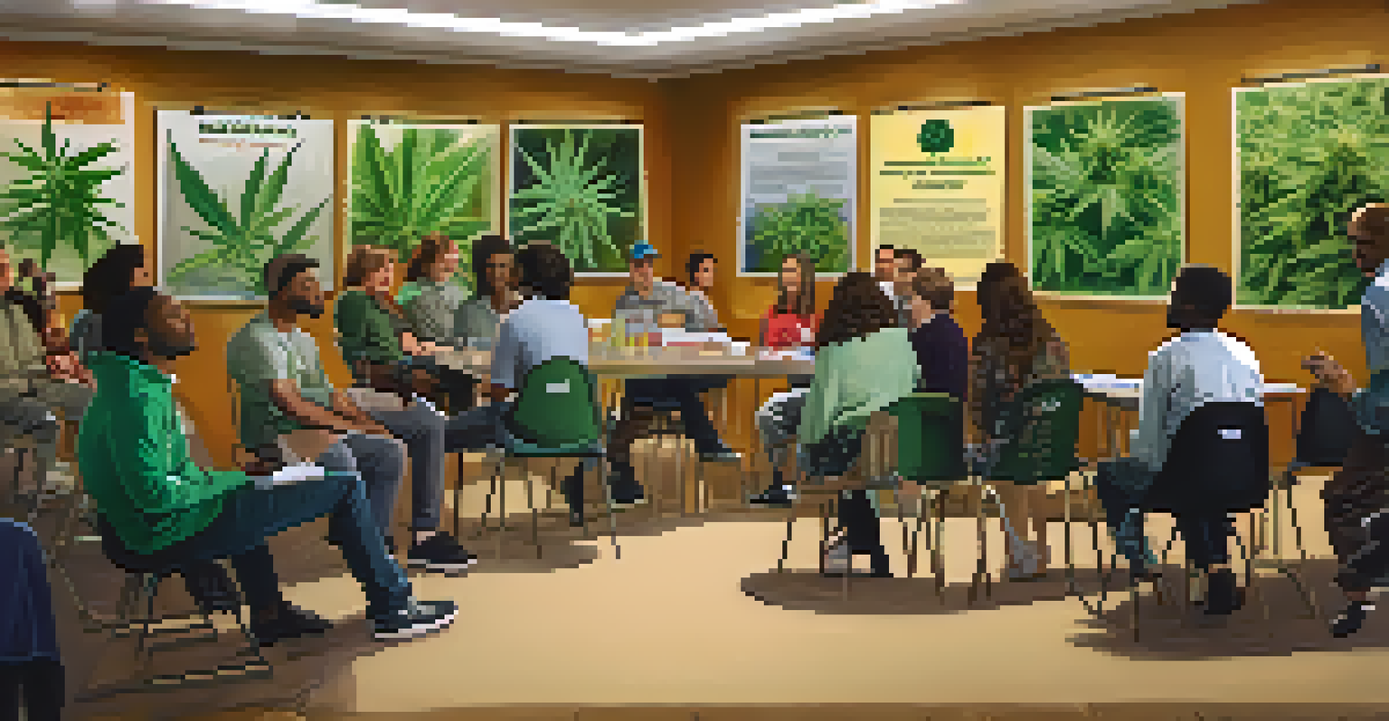 An educational workshop on marijuana benefits with diverse participants and informative posters in a soft-lit room.