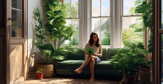 A woman sitting in a cozy living room, holding a small cannabis plant, with sunlight filtering through a window and green plants around her.
