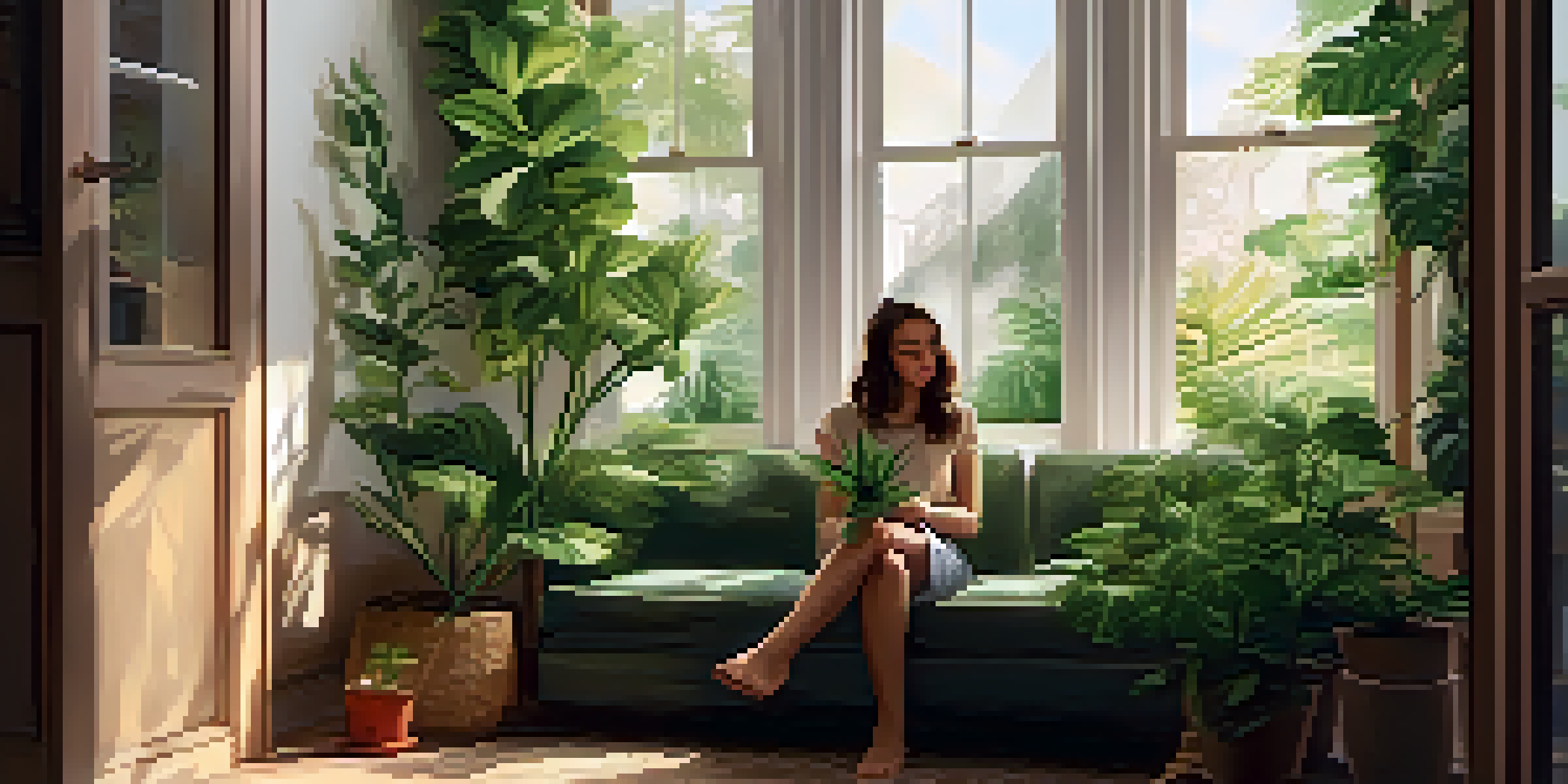 A woman sitting in a cozy living room, holding a small cannabis plant, with sunlight filtering through a window and green plants around her.