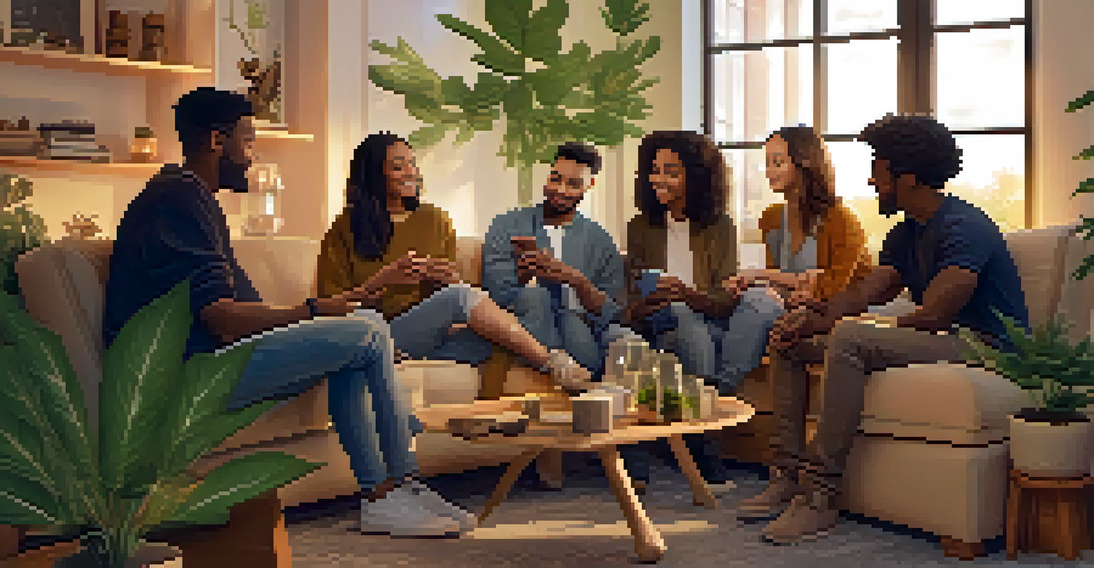 A group of friends in a cozy living room discussing cannabis strains while using smartphones, with plants and cannabis products on the coffee table.