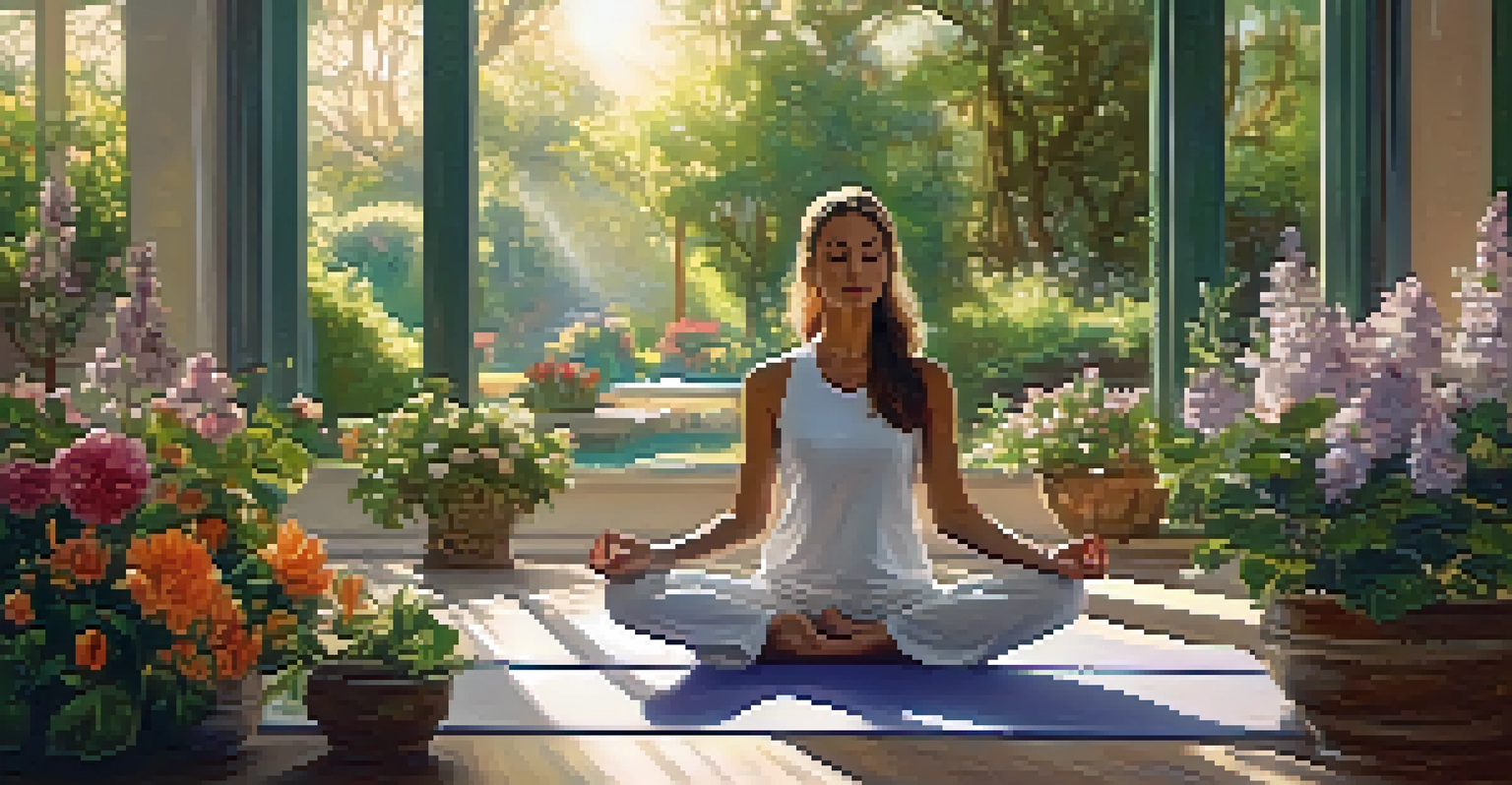 A person practicing yoga in a garden filled with flowers and greenery, basking in morning sunlight.