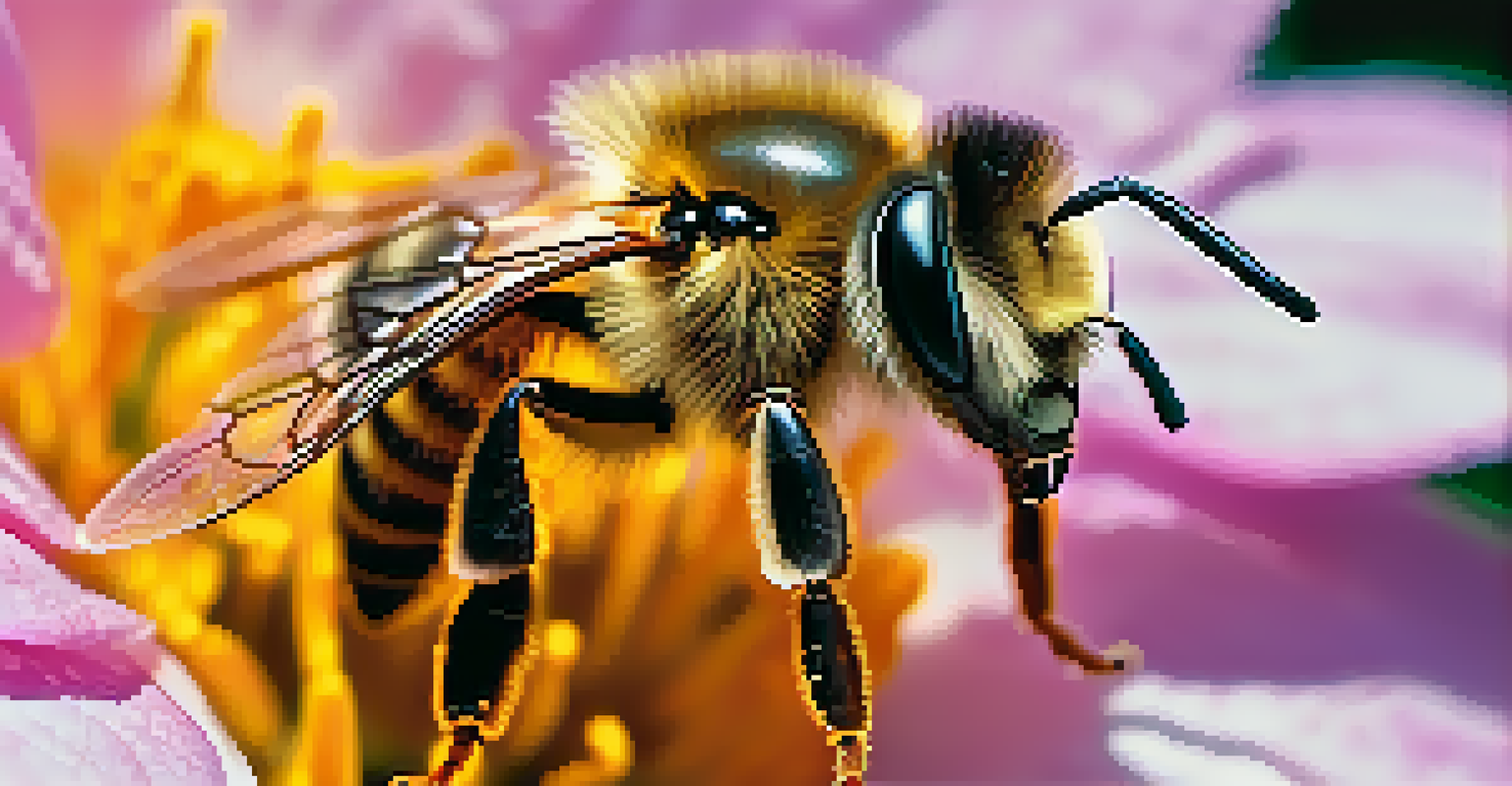 A close-up of a honeybee collecting nectar from a colorful flower.