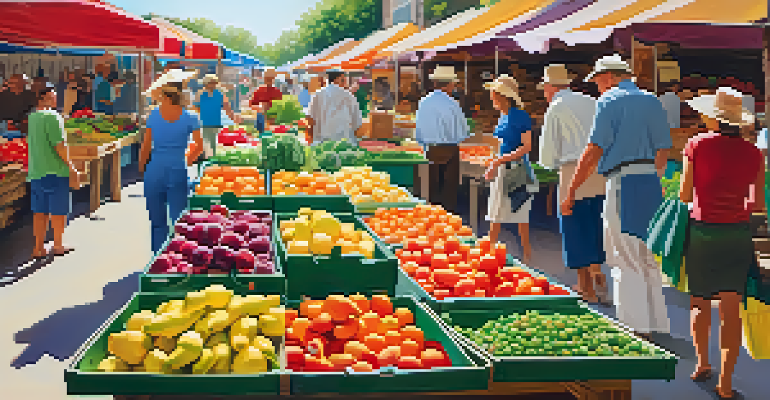 A bustling farmer's market filled with fresh fruits, vegetables, and lively customers interacting with vendors.