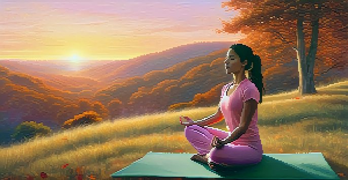 A person practicing yoga on a grassy hill at sunrise, surrounded by trees and nature, exuding a sense of calm and mindfulness.