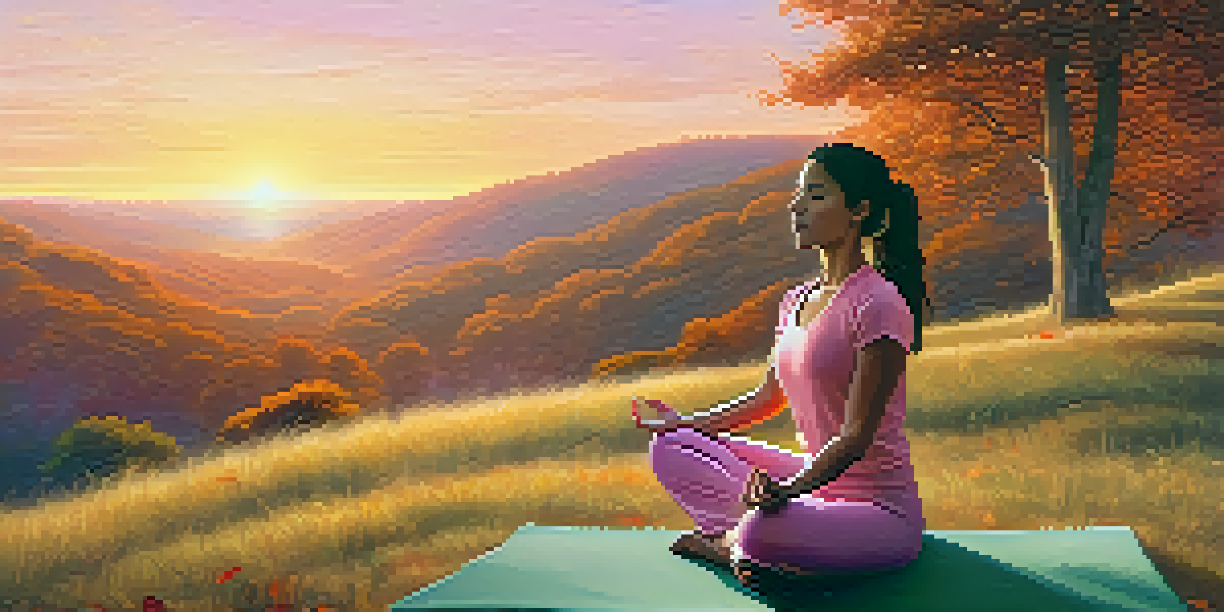 A person practicing yoga on a grassy hill at sunrise, surrounded by trees and nature, exuding a sense of calm and mindfulness.