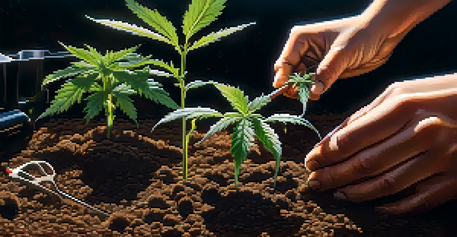 A close-up image of hands planting a cannabis seedling in soil, surrounded by gardening tools.