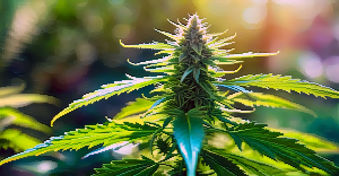 A close-up of a cannabis plant with sunlight filtering through its leaves, highlighting the details of the buds and foliage.