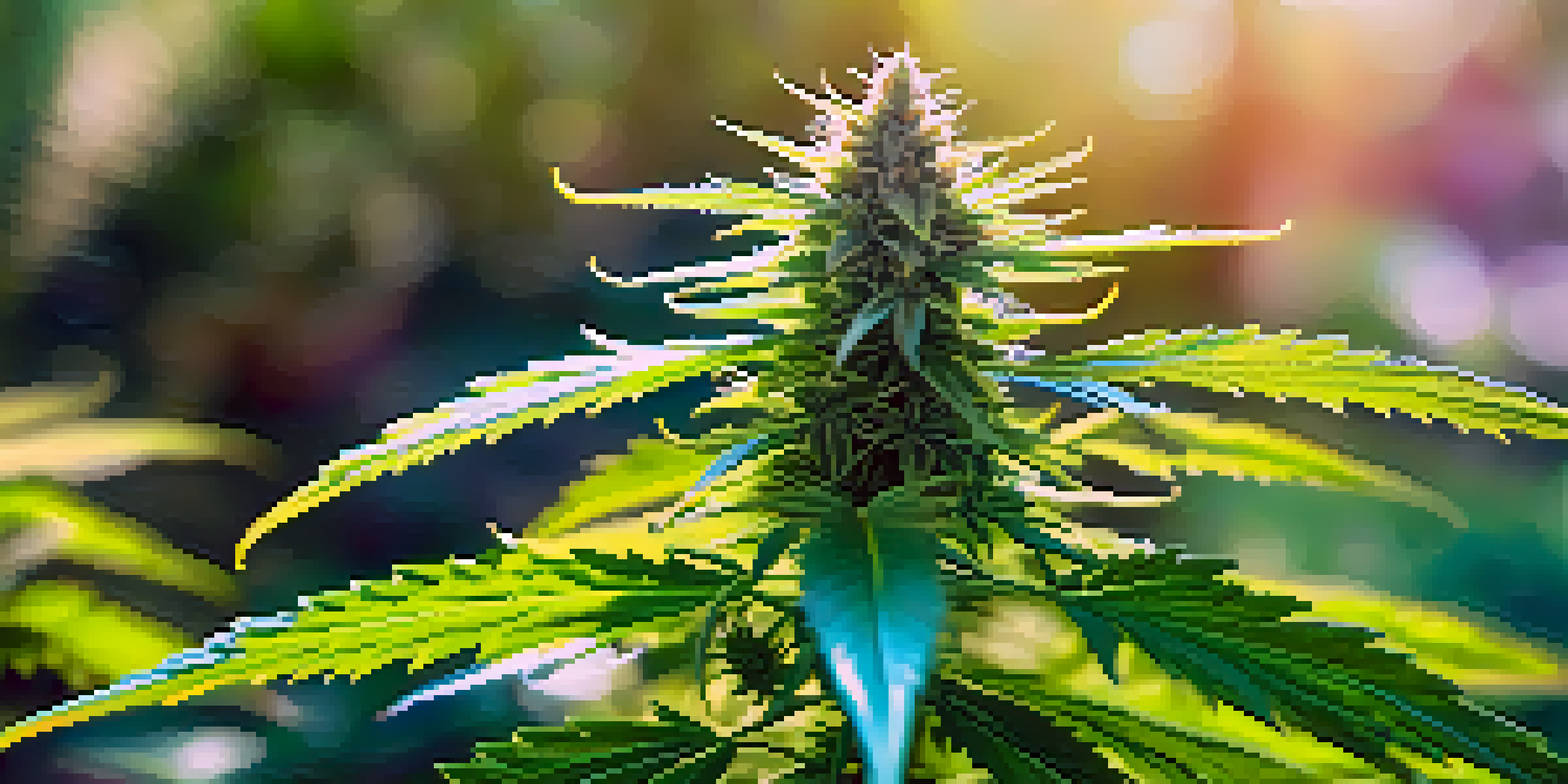 A close-up of a cannabis plant with sunlight filtering through its leaves, highlighting the details of the buds and foliage.