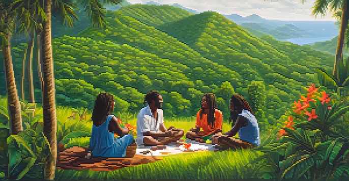 A peaceful Jamaican hillside with Rasta individuals gathered in harmony, surrounded by colorful flowers and sunlight filtering through trees.