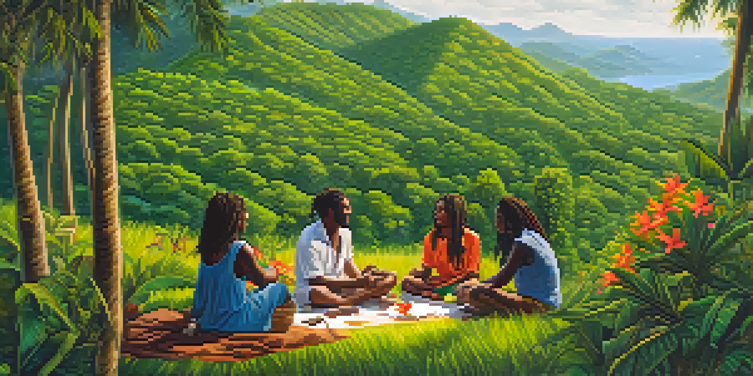 A peaceful Jamaican hillside with Rasta individuals gathered in harmony, surrounded by colorful flowers and sunlight filtering through trees.