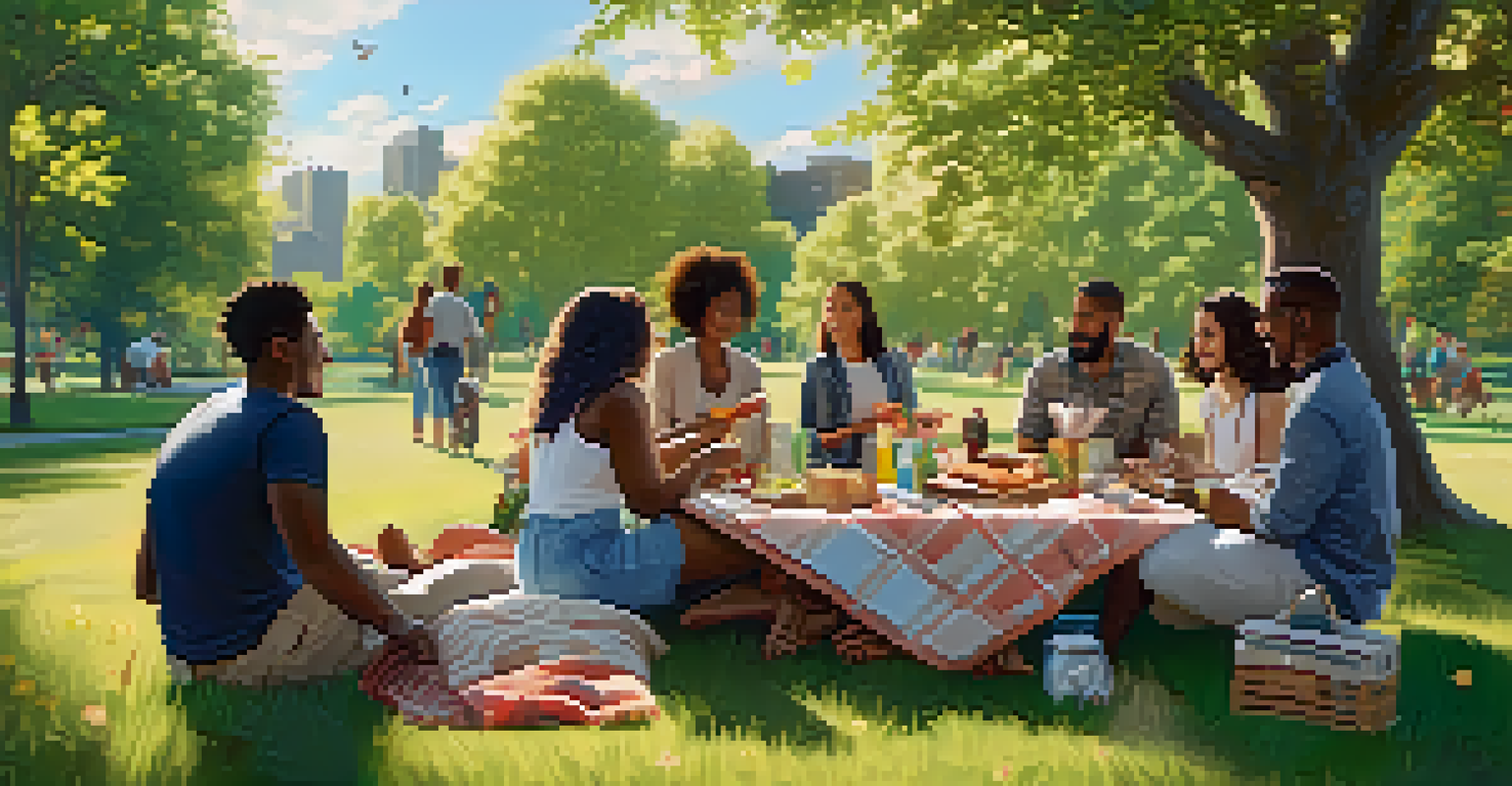 A diverse group of people having a picnic in a park, discussing cannabis education amidst nature.