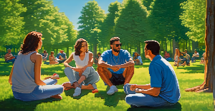 A diverse group of men and women in a park discussing marijuana use, surrounded by greenery and sunlight.