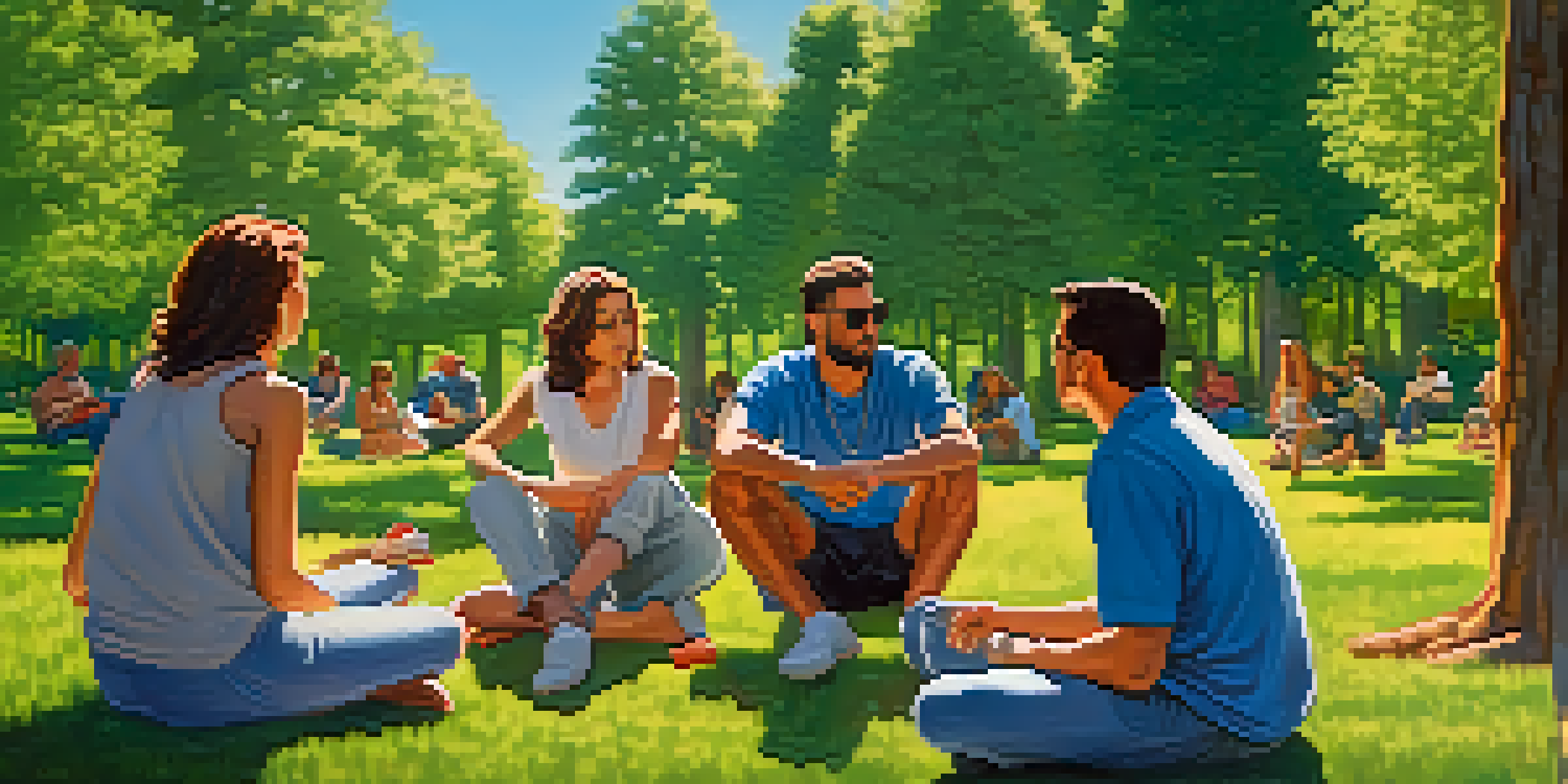 A diverse group of men and women in a park discussing marijuana use, surrounded by greenery and sunlight.
