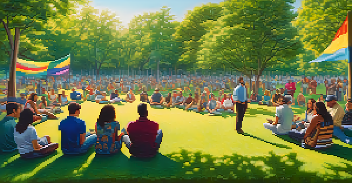 A community meeting in a park with diverse individuals discussing marijuana policy, surrounded by greenery and colorful banners.