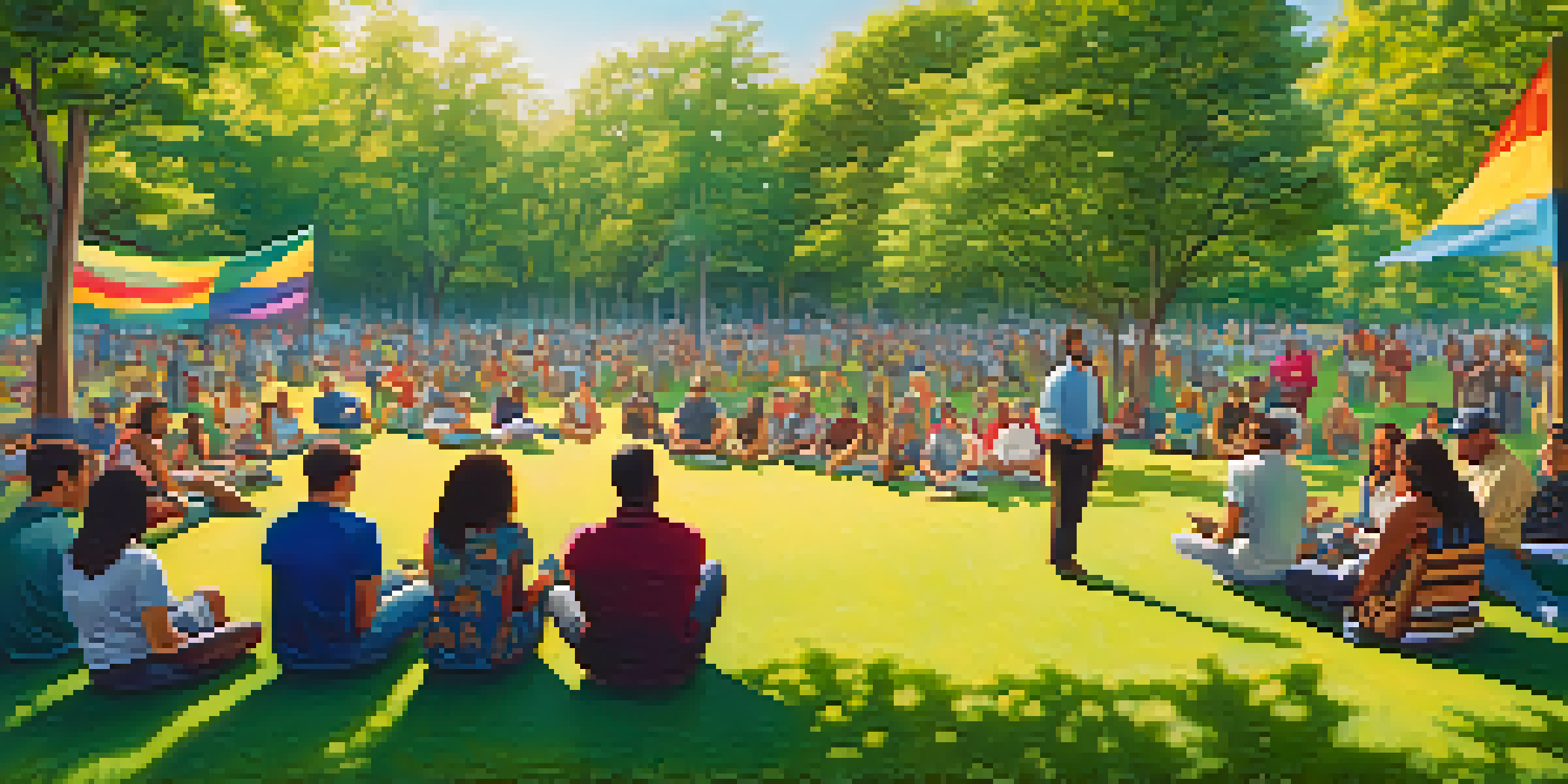 A community meeting in a park with diverse individuals discussing marijuana policy, surrounded by greenery and colorful banners.