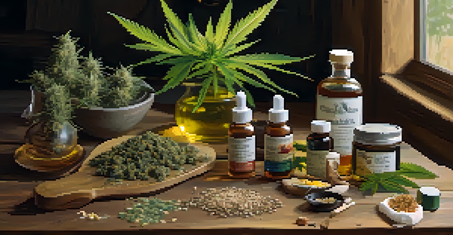 An arrangement of cannabis products on a wooden table, including oils and edibles, with warm lighting.