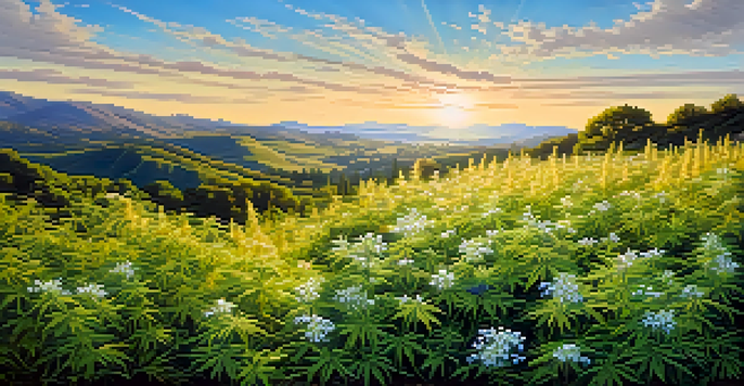 A vibrant field of cannabis plants under a bright blue sky with golden sunlight illuminating the green leaves and white flowers.