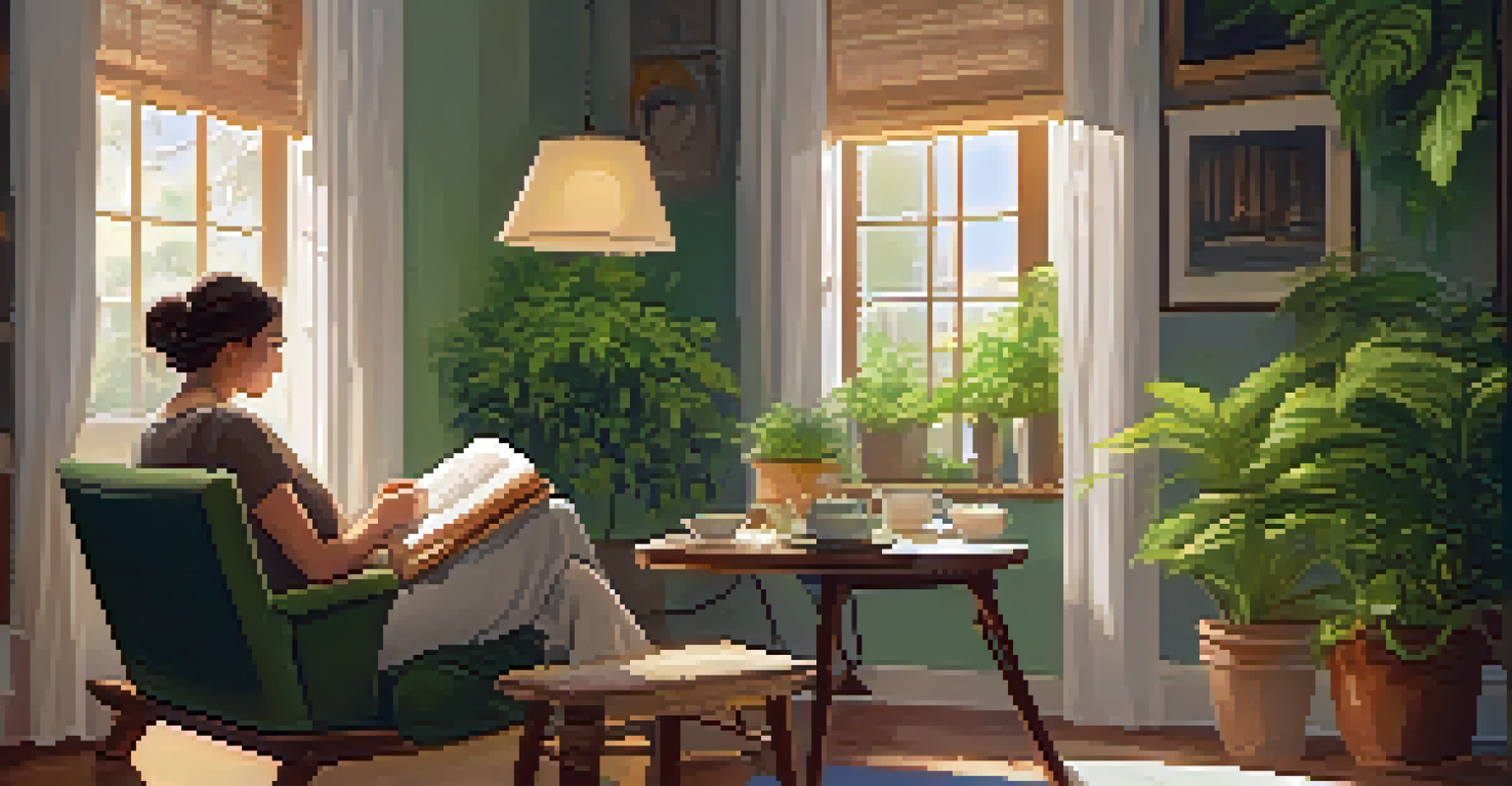A cozy reading nook with a woman reading a book, plants, and a cup of tea.