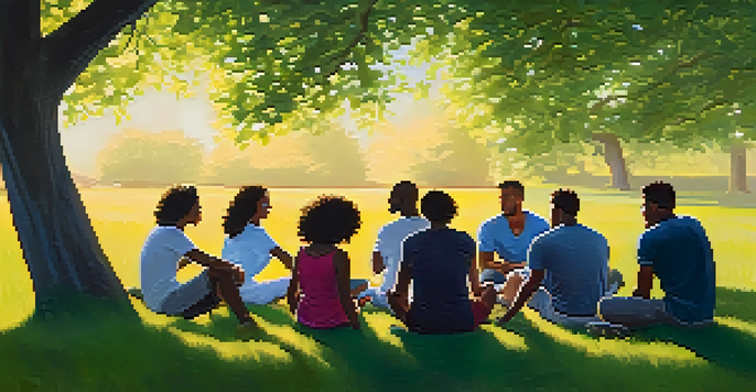 A diverse group of people discussing wellness in a grassy field under sunlight, representing community support.