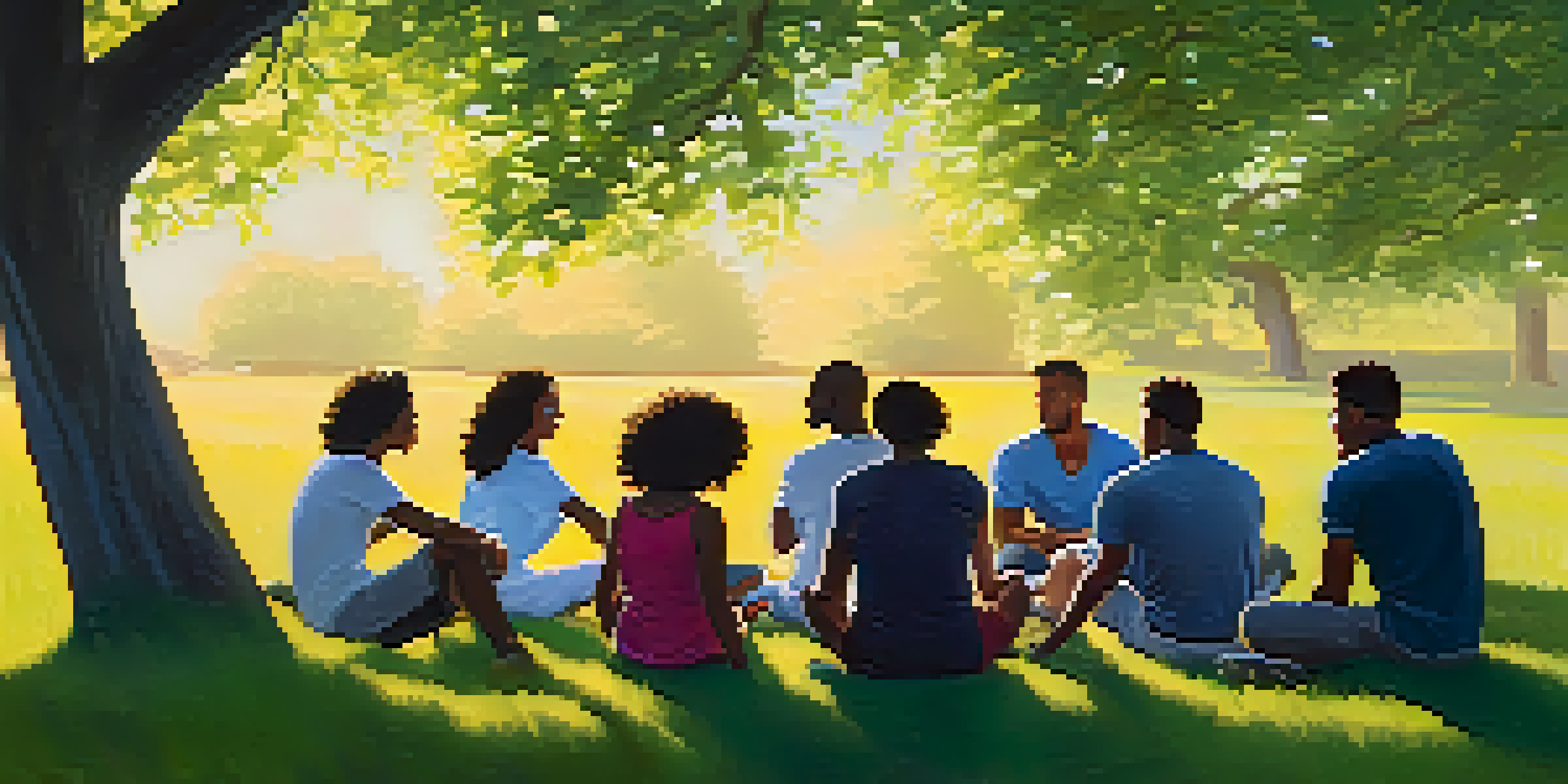 A diverse group of people discussing wellness in a grassy field under sunlight, representing community support.