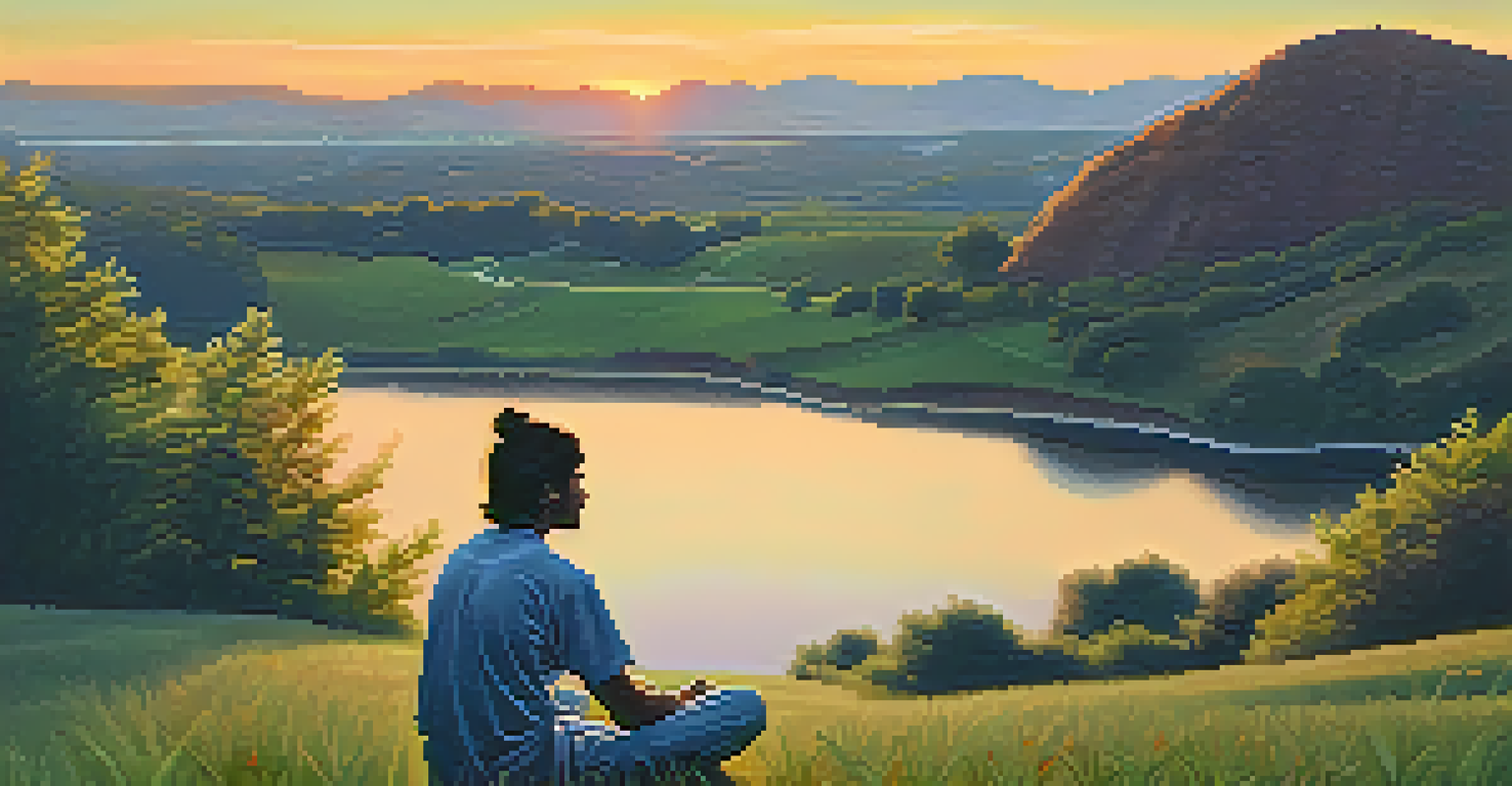 A person in a serene outdoor setting at sunset, sitting in contemplation next to a small cannabis plant, surrounded by nature.