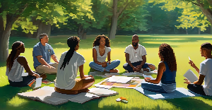 A diverse group of people sitting in a circle during a community workshop about harm reduction in a sunny outdoor setting.