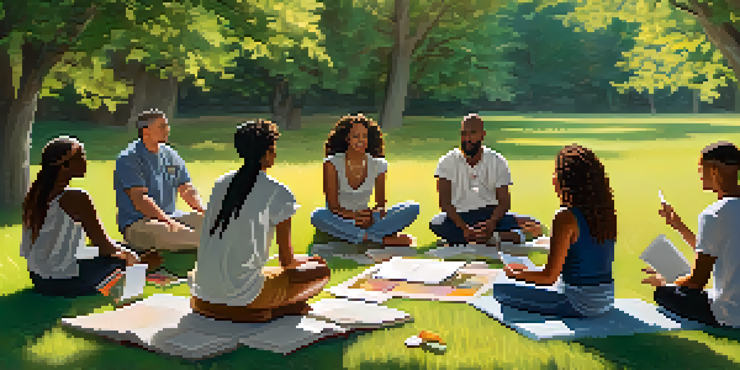 A diverse group of people sitting in a circle during a community workshop about harm reduction in a sunny outdoor setting.