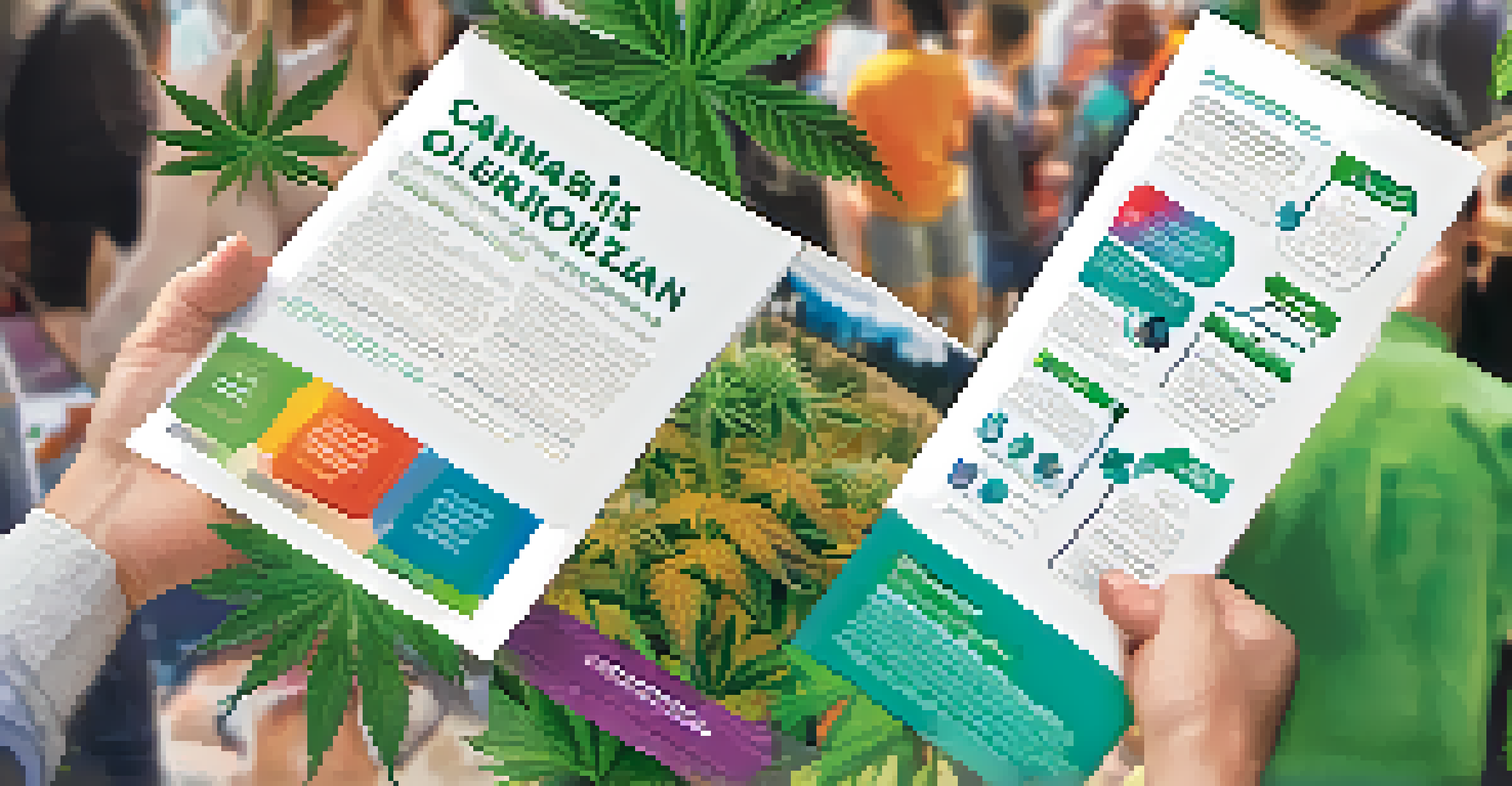 Close-up of hands holding a brochure about cannabis legalization, with a blurred community event in the background.