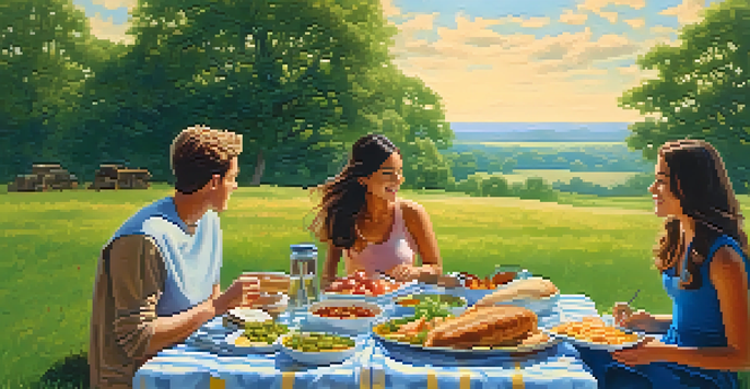 A peaceful scene of a picnic in a green field with diverse people enjoying food together under a blue sky with clouds.