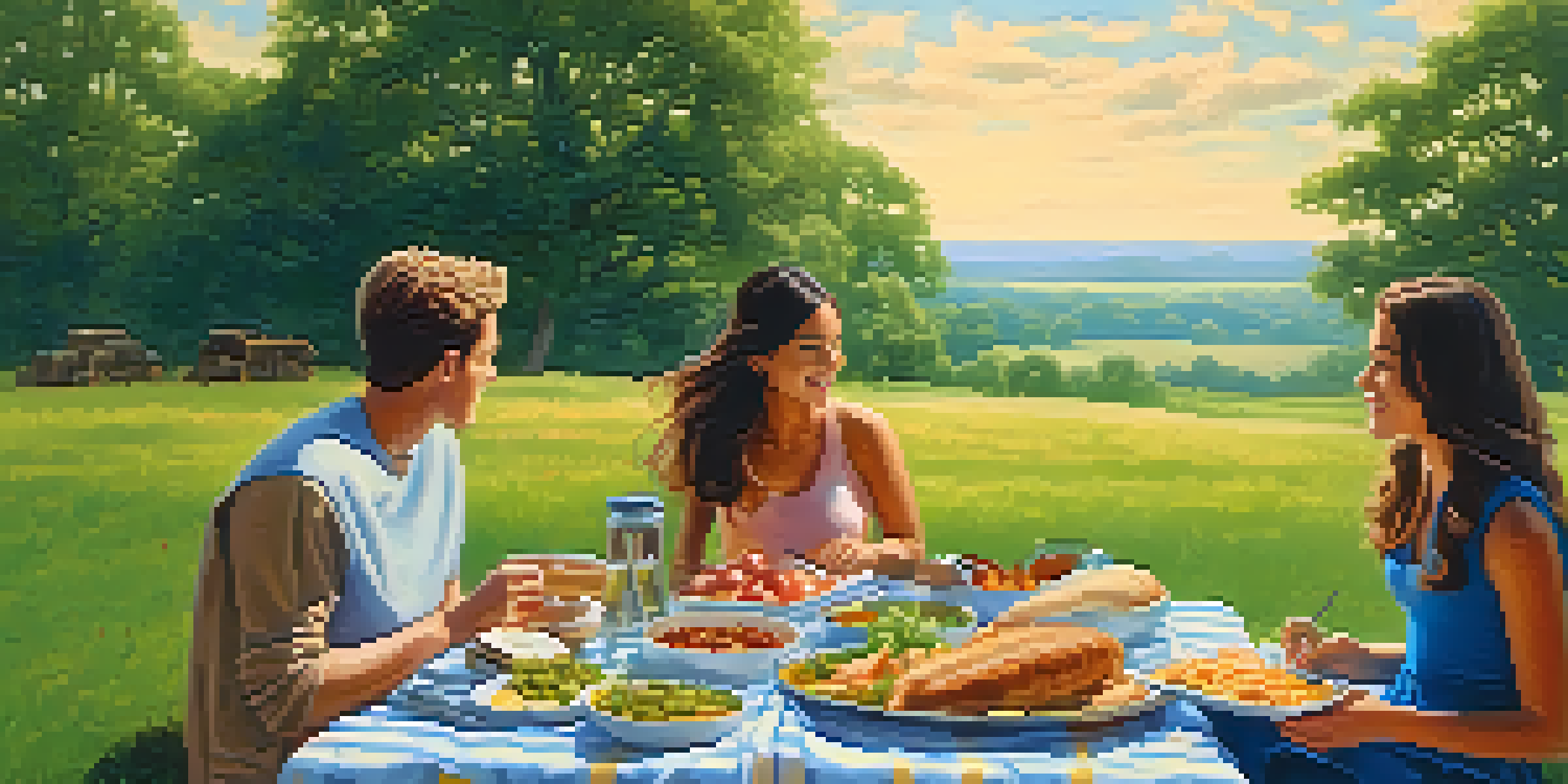 A peaceful scene of a picnic in a green field with diverse people enjoying food together under a blue sky with clouds.