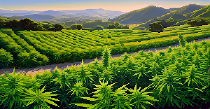 A beautiful cannabis field under a blue sky, with green plants in the foreground and rolling hills in the background.