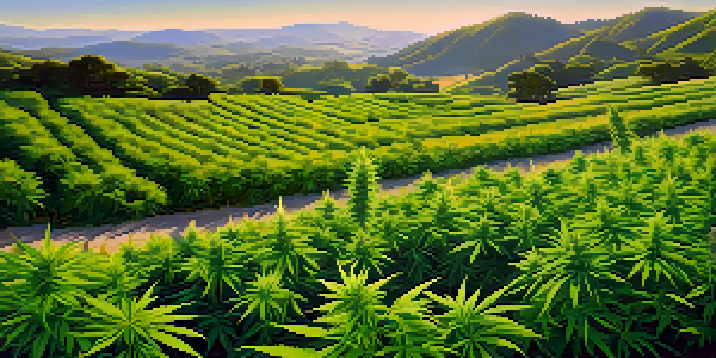 A beautiful cannabis field under a blue sky, with green plants in the foreground and rolling hills in the background.