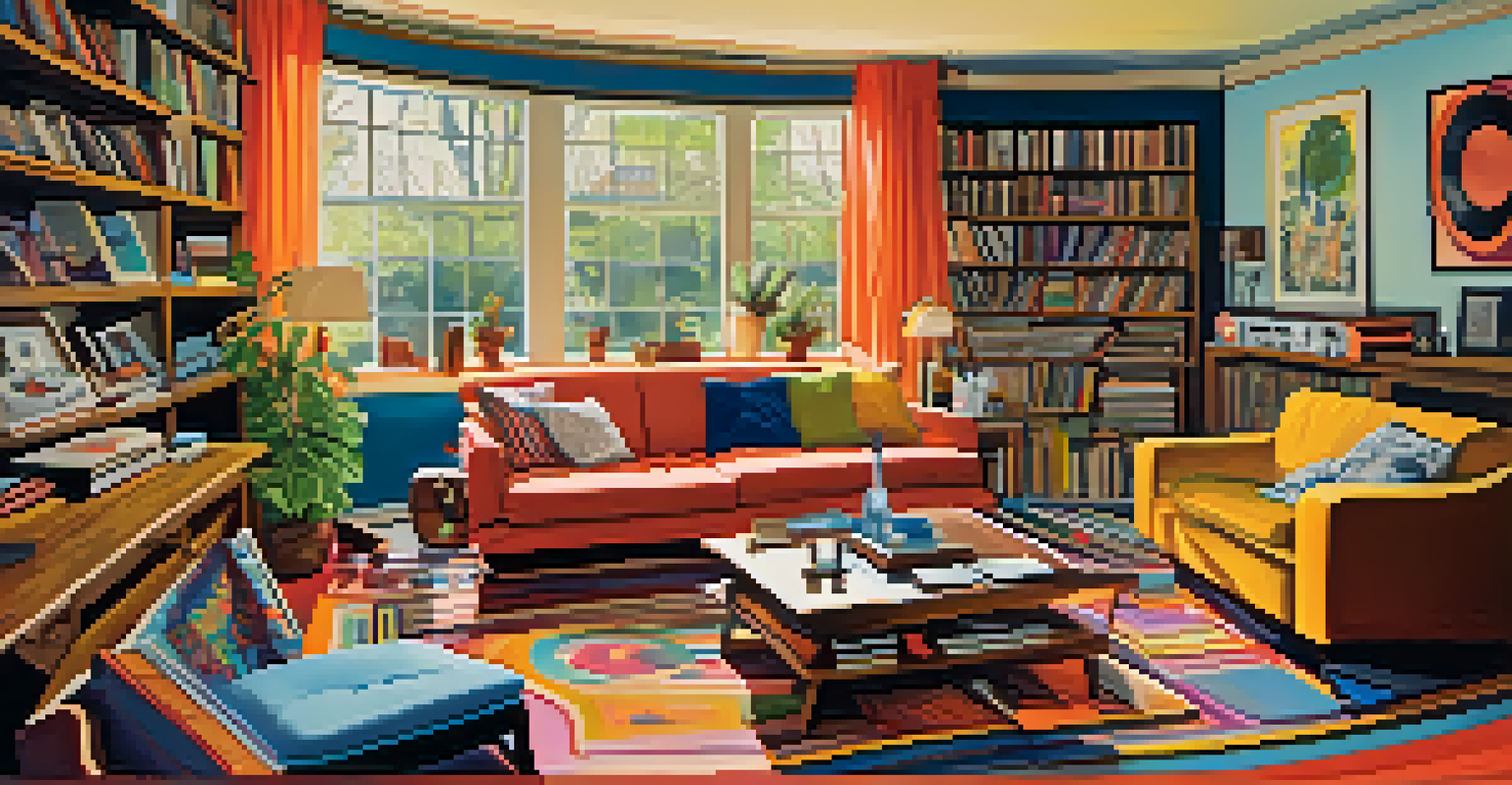 A cozy 1970s living room filled with eclectic furniture and friends engaged in conversation, with natural light streaming through windows.