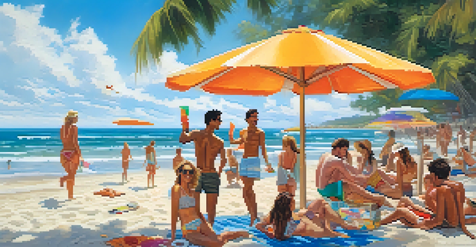 A diverse group of friends enjoying a sunny day at the beach with activities like frisbee and sunbathing.