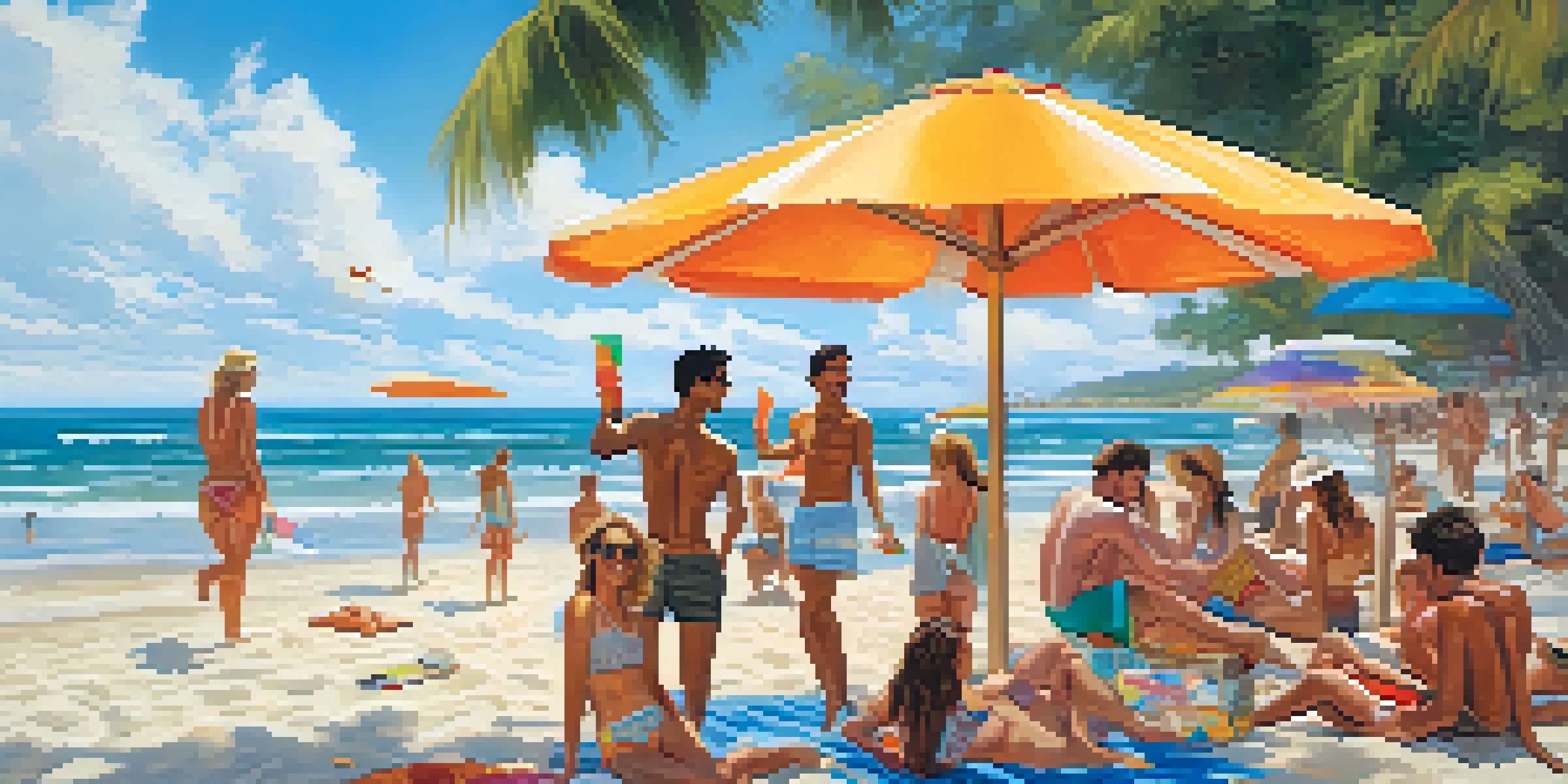 A diverse group of friends enjoying a sunny day at the beach with activities like frisbee and sunbathing.