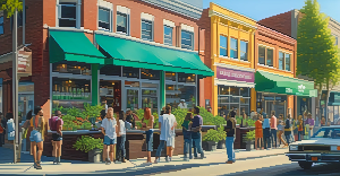 A lively cannabis dispensary in an urban setting with diverse customers and bright product displays.