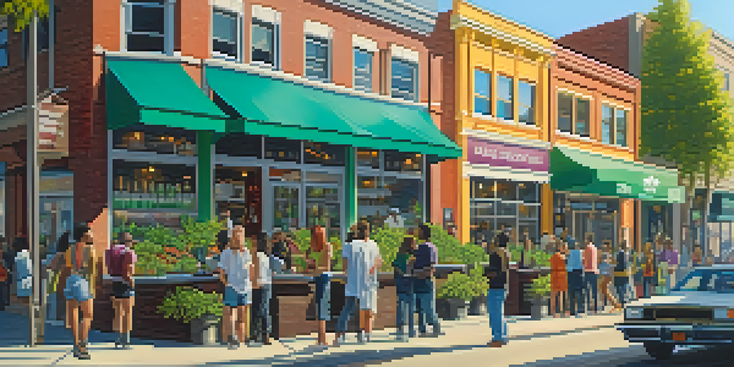 A lively cannabis dispensary in an urban setting with diverse customers and bright product displays.