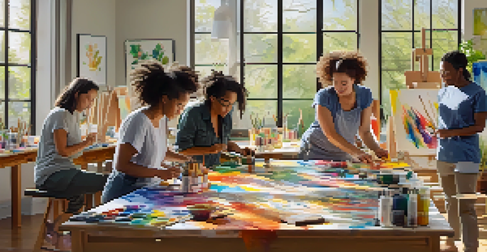 A diverse group of individuals in a sunlit studio, engaged in art therapy, painting and expressing emotions.