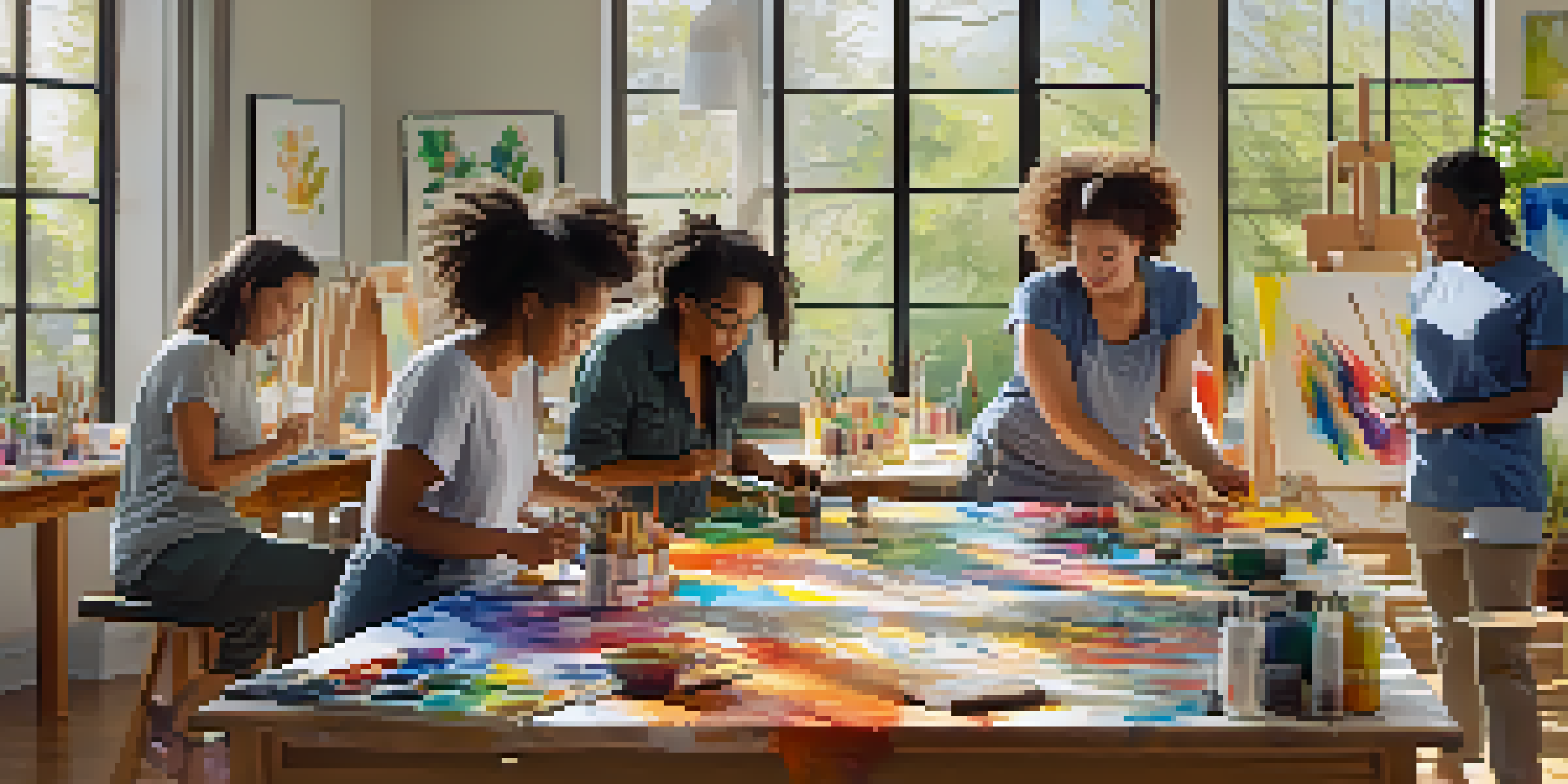 A diverse group of individuals in a sunlit studio, engaged in art therapy, painting and expressing emotions.