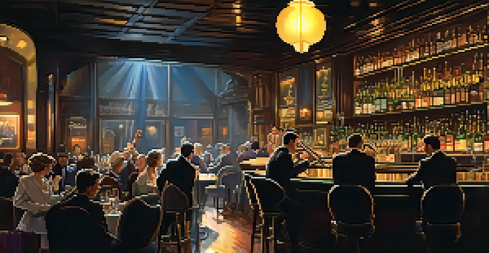 A 1940s jazz club with a saxophonist on stage, warm lighting, and an atmosphere filled with smoke.