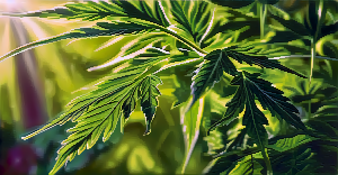 A detailed view of a cannabis plant with green leaves and shimmering trichomes in sunlight, set against a blurred garden background.