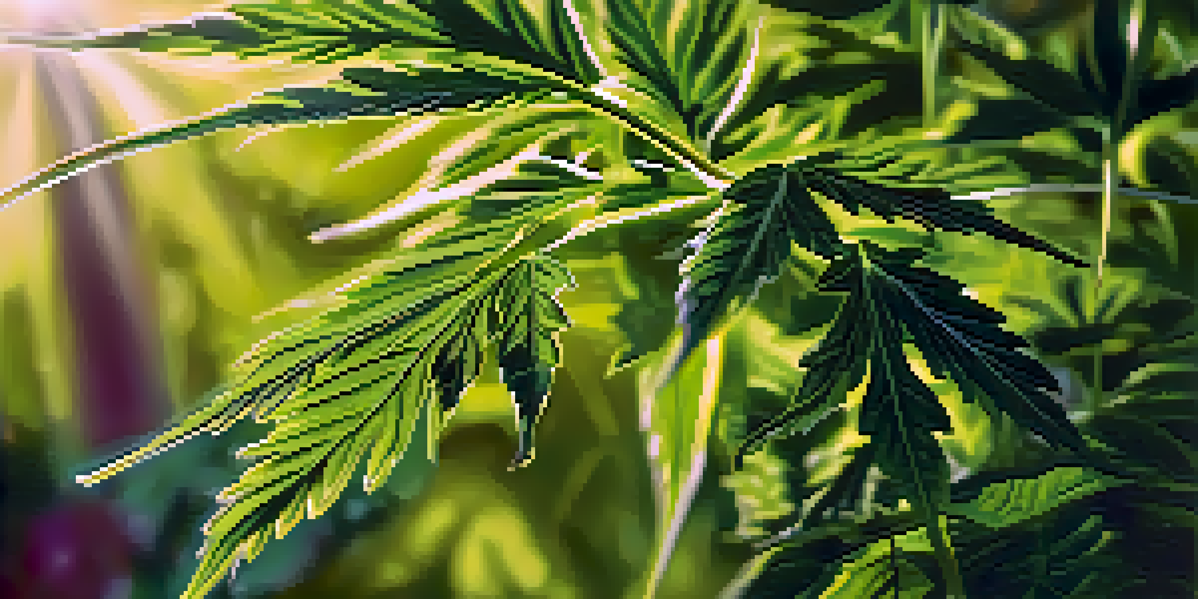 A detailed view of a cannabis plant with green leaves and shimmering trichomes in sunlight, set against a blurred garden background.