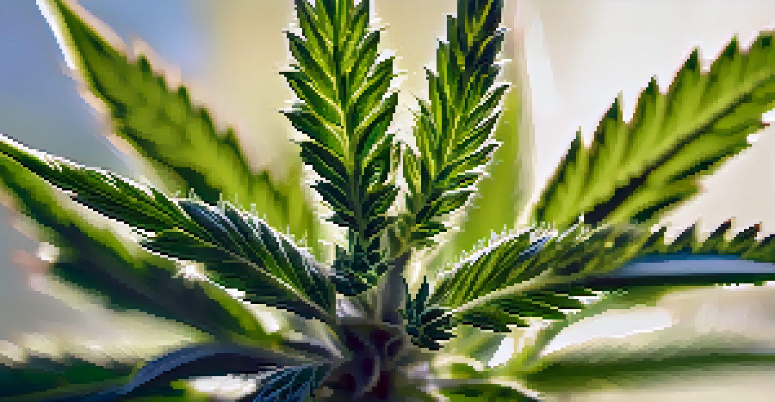 A detailed close-up of a cannabis plant showcasing its green leaves and buds under soft sunlight.