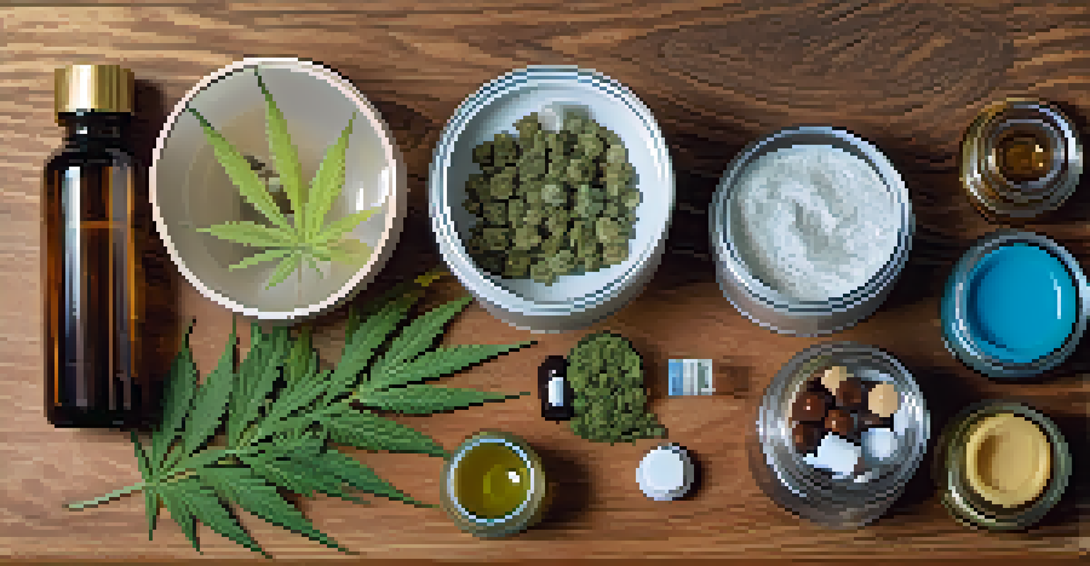 A close-up view of different medical marijuana products such as edibles, tinctures, and capsules arranged on a wooden table in a softly lit home environment.