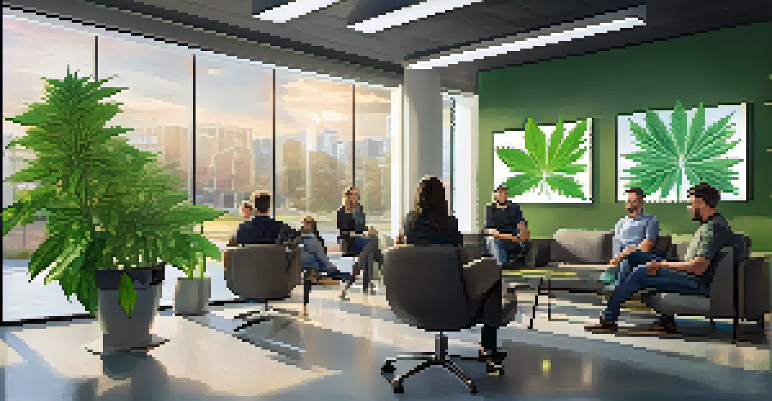 A modern cannabis tech office with employees discussing and sunlight coming through the window.