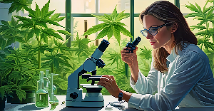 A female researcher examines a cannabis leaf under a microscope in a bright lab filled with green plants.