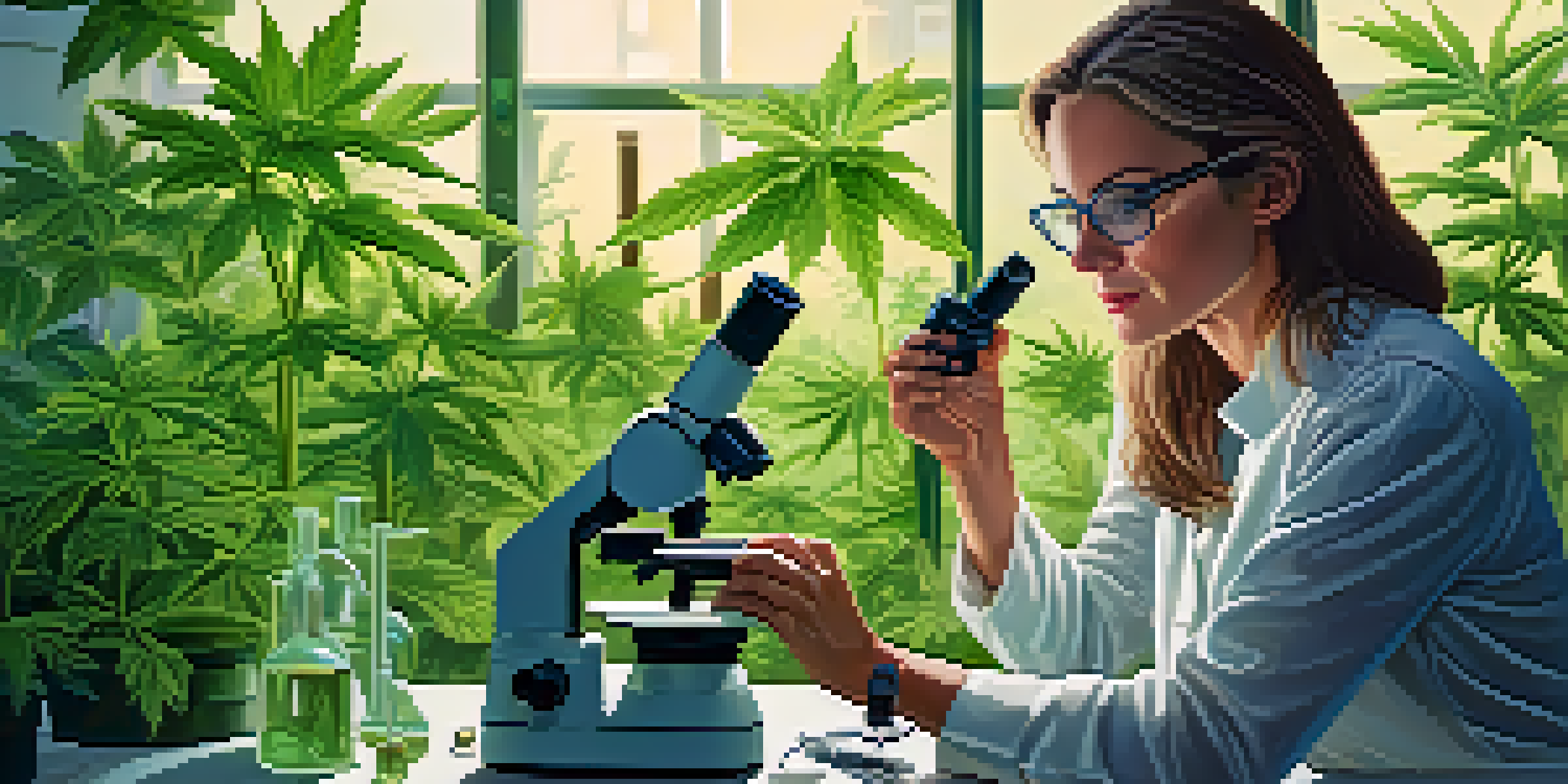 A female researcher examines a cannabis leaf under a microscope in a bright lab filled with green plants.