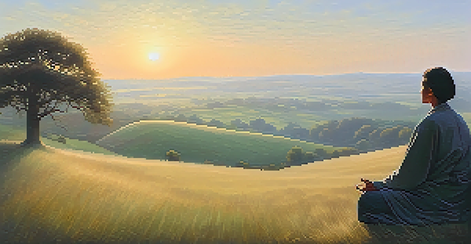 A person meditating on a grassy hilltop at sunrise, surrounded by mist and rolling hills.