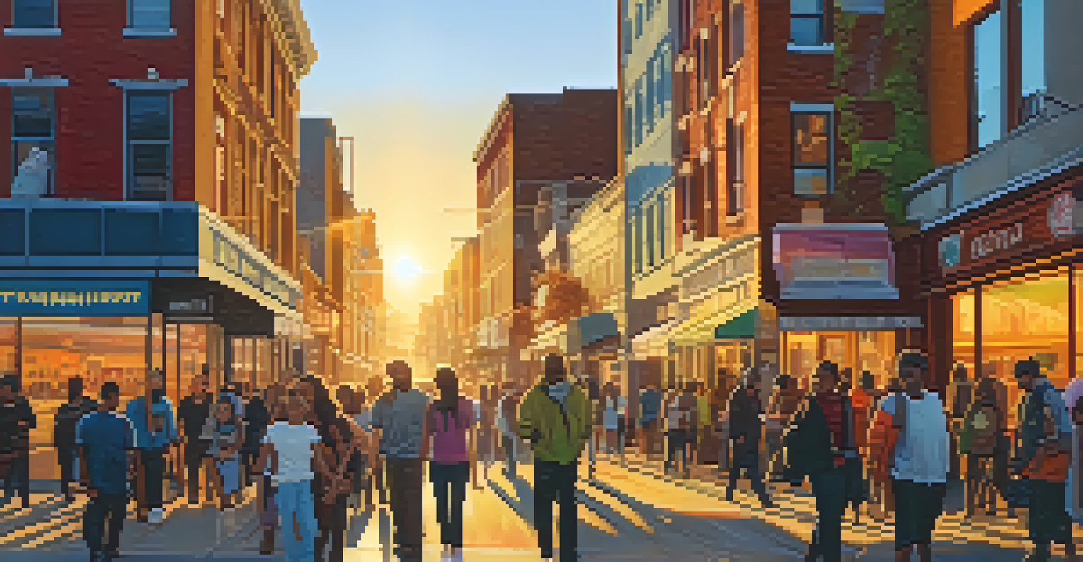 A lively city street filled with people, colorful shops, and street art, illuminated by a warm sunset.
